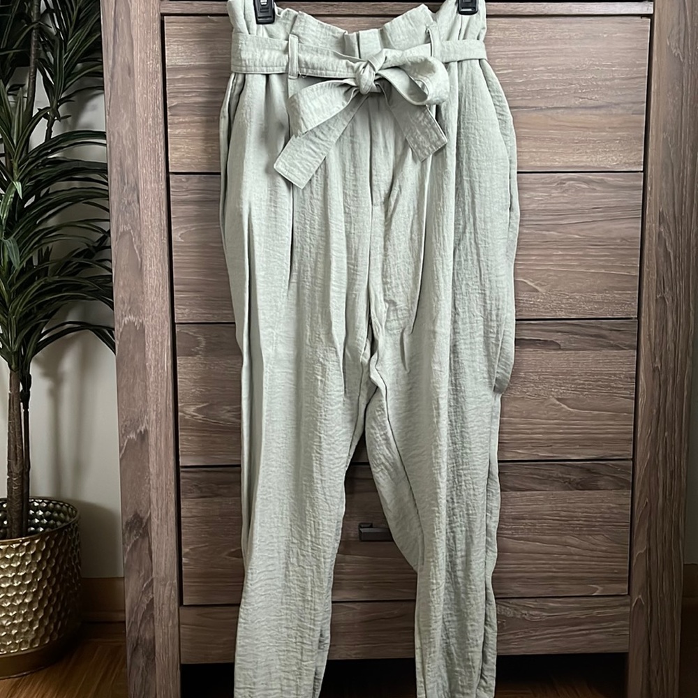 A New Day - Olive Green Paper Waist Linen Pant